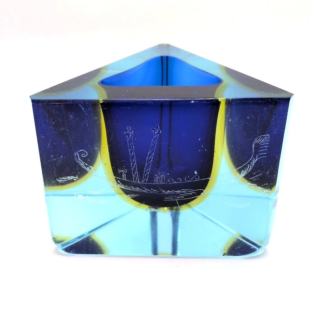 VTG Sommerso Art Glass Italian Mini Triangle Bowl Vase Candleholder Etched Boat